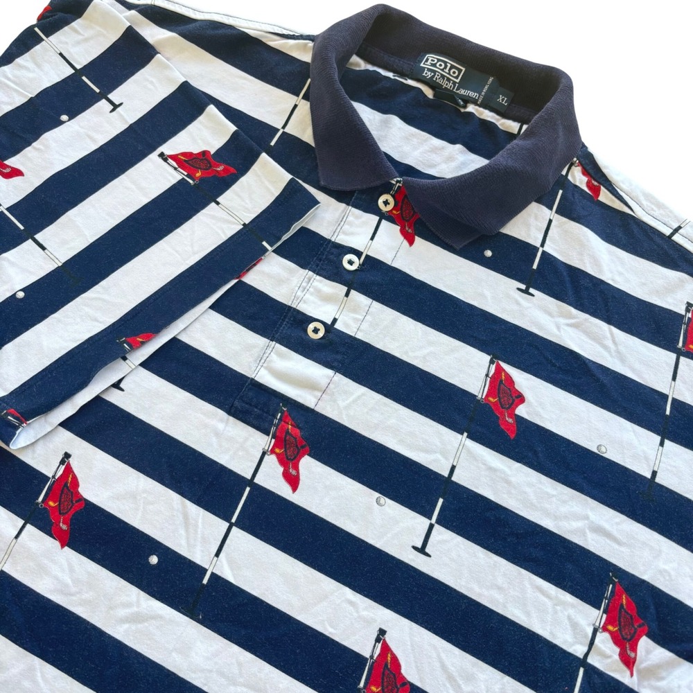 VTG Polo Ralph Lauren Golf Shirt Mens XL Blue White Striped Golf Flag Preppy HK